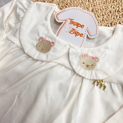 Conj. Batinha Gola Bordada Ursinhas e Calça Legging - Off White e Areia